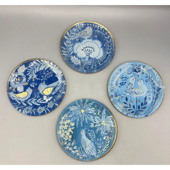 Set of 4 Decorative Blue Bird Plates Coaster Trinket Dish Gold Trim Floral - Picture 1 of 7